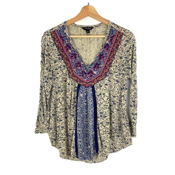 Lucky Brand Top Blue Floral Boho Beaded Embroidered V-Neck 3/4‎ Sleeve Blouse XS - Picture 1 of 10